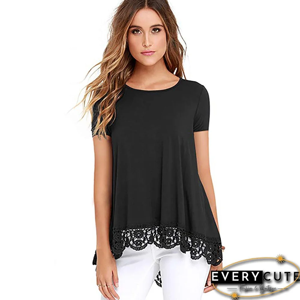 Black Short Sleeve Lace Trim T-shirt