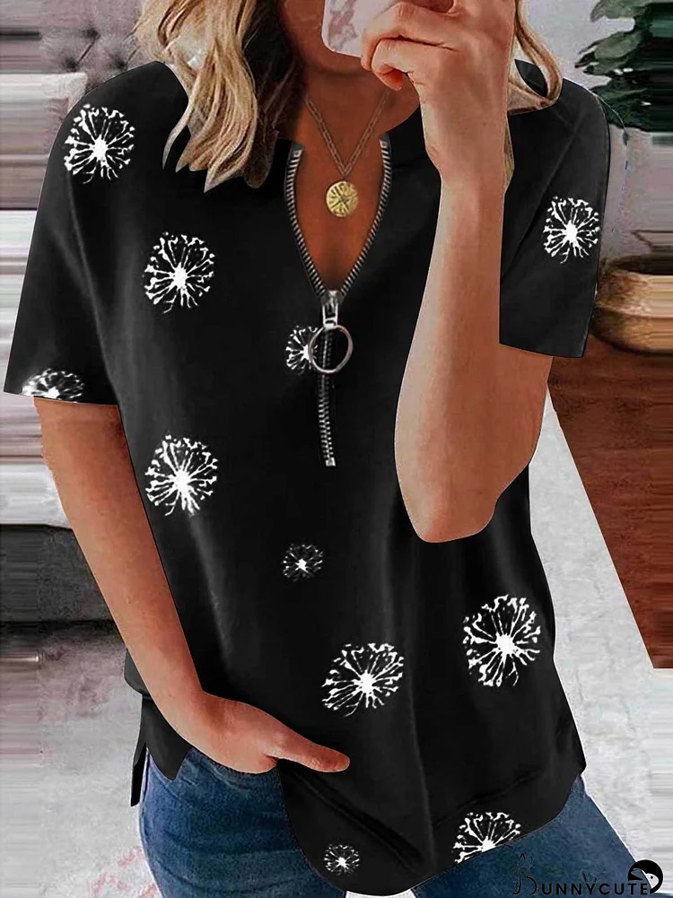 Casual Petal Print Zipper Short-sleeved Top