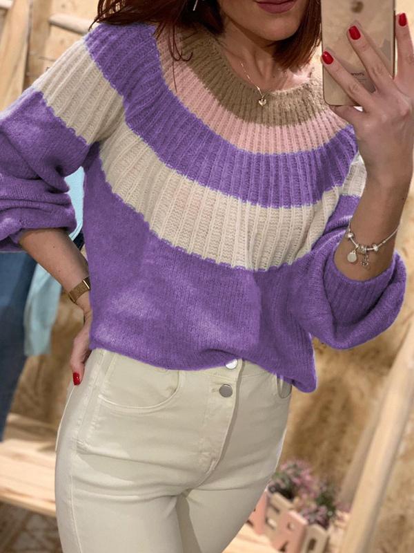 Women's Casual Patchwork  Knit Pullover Sweater Top