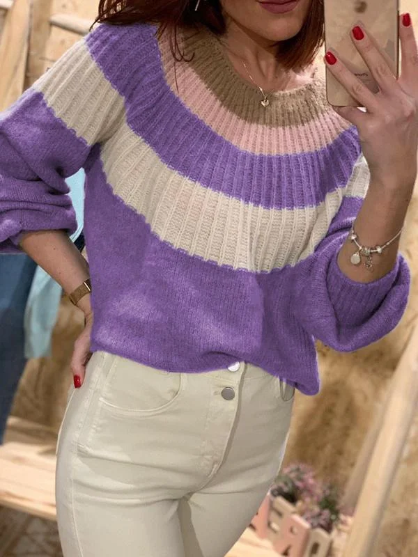 Women's Casual Patchwork  Knit Pullover Sweater Top