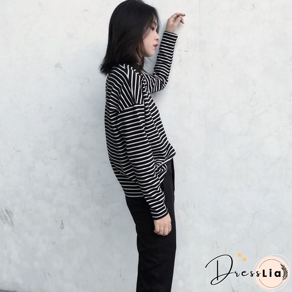 Women Turtleneck Korean Style Crop Top Long Sleeve Striped Tops Female Shirt Casual Harajuku Tops