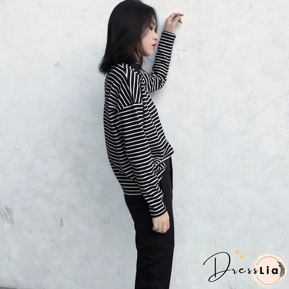 Women Turtleneck Korean Style Crop Top Long Sleeve Striped Tops Female Shirt Casual Harajuku Tops
