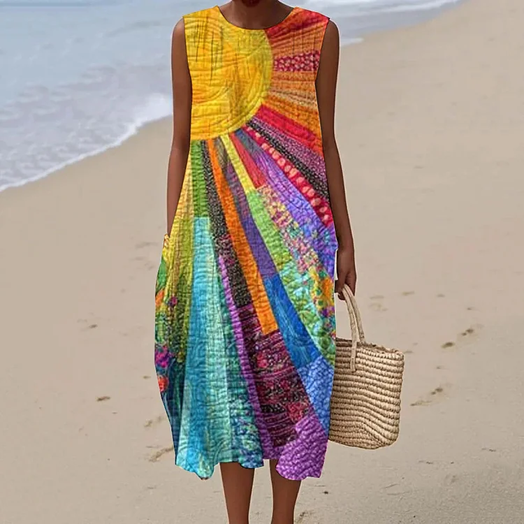 VChics Women's Retro Hippie Artistic Geometric Color Art Linen Tank Midi Dress