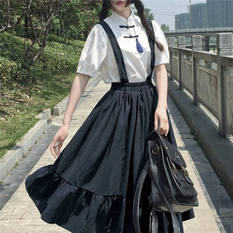 New Sweet Women Skirt Preppy Style Strap Long Skirt Ruffles Loose Cute Student Casual Skirt Female Skirts 2022 HOT