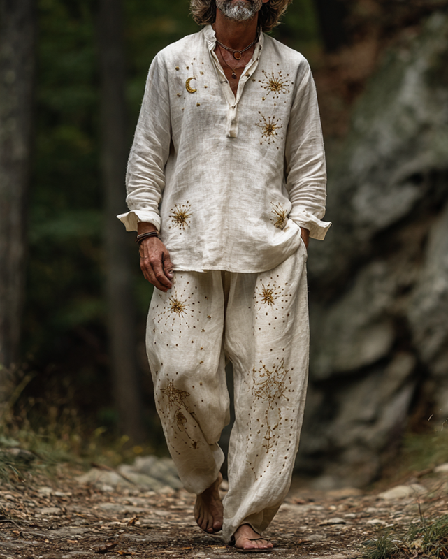 Men's summer vacation leisure star and moon 3D embroidered linen top and casual pants two-piece set a878