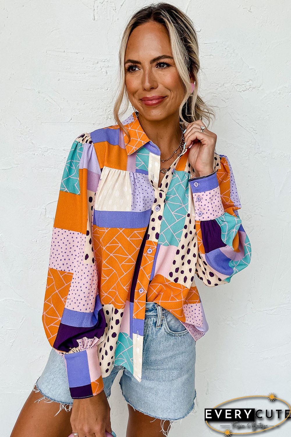 Multicolor Mixed Print Button Front Cuffed Sleeve Shirt