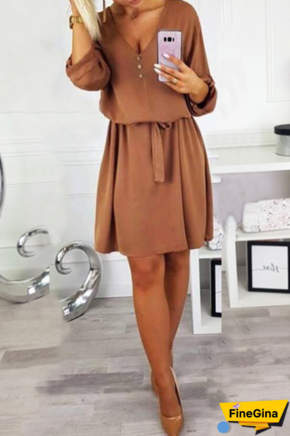 Casual Solid Buttons Strap Design V Neck Dresses(4 Colors)