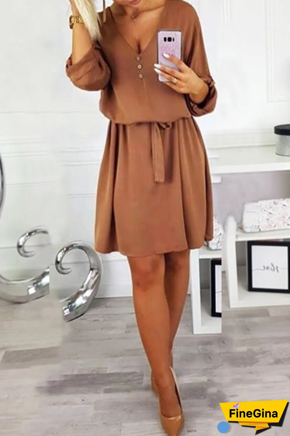Casual Solid Buttons Strap Design V Neck Dresses(4 Colors)