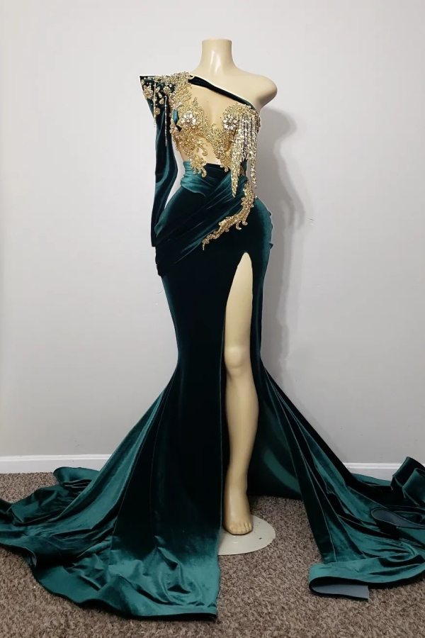 Daisda Dark Green One Shoulder Long Sleeve Dress Mermaid Beades With Slit