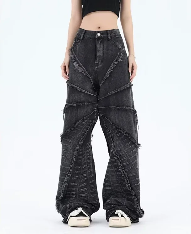 Spider web raw edge jeans design, street style loose casual trousers
