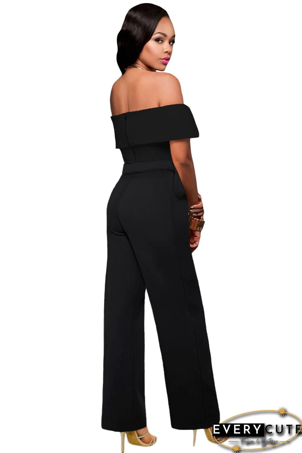 Off Shoulder V Cut Neck Wide Leg Jumpsuit
