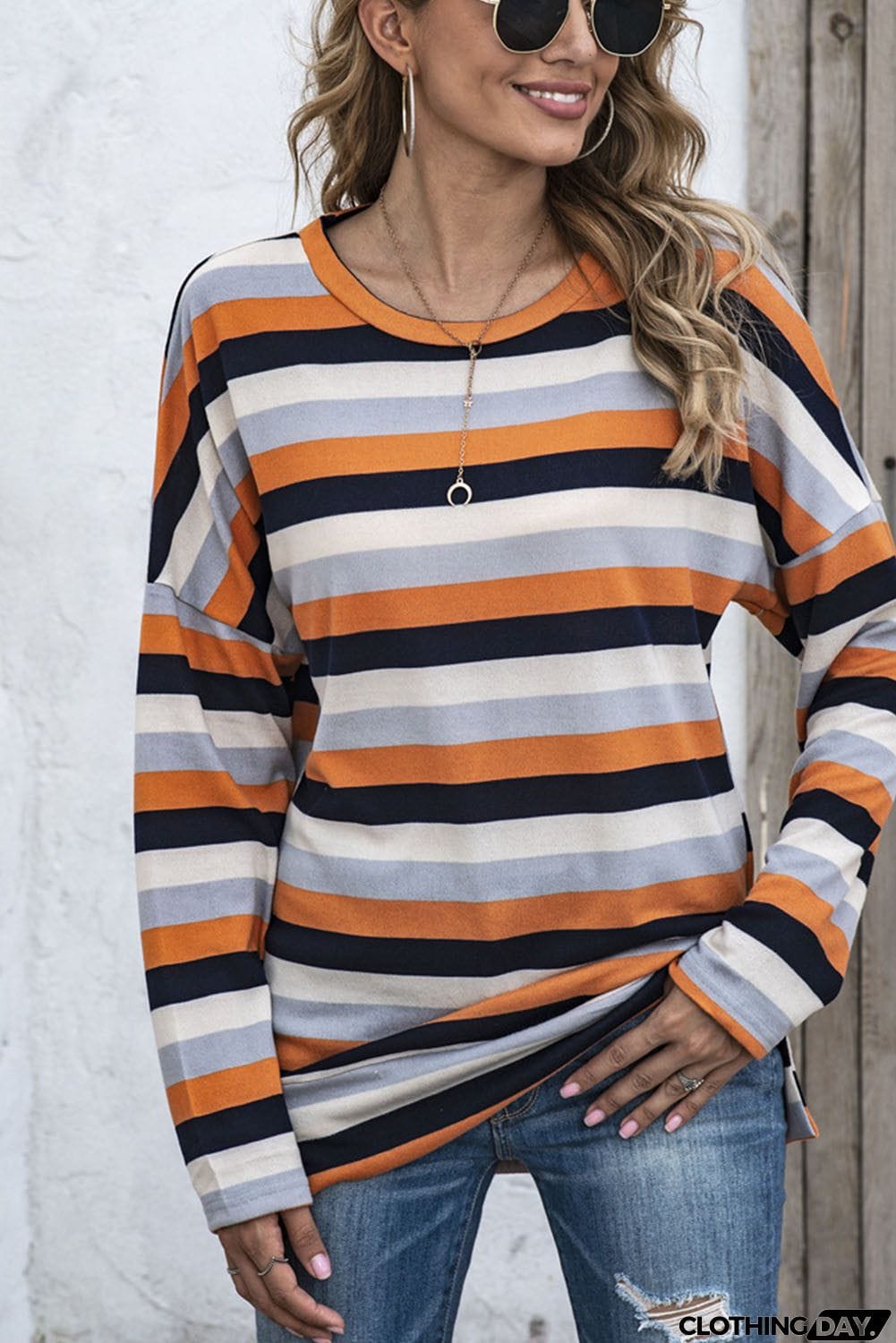 Multicolor Striped Drop Shoulder Loose Top with Slits