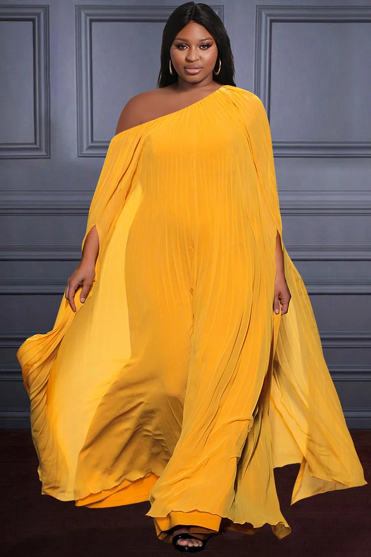 Xpluswear Design Plus Size Semi Formal Dress Yellow Skew Neck Long Sleeve Maxi Dress