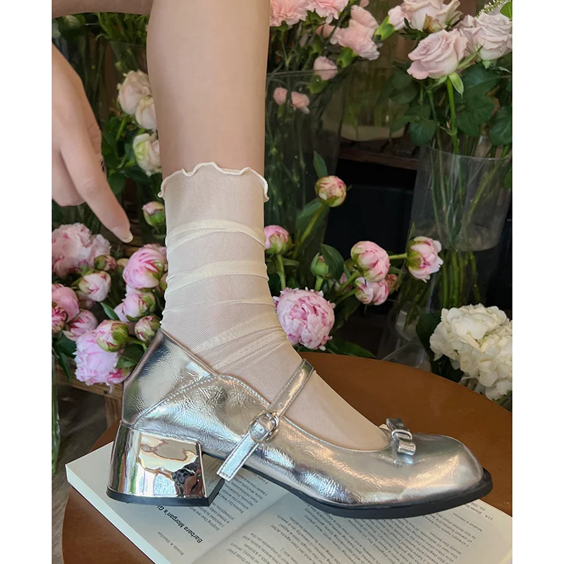 Brownm Brownm Ins Silver French Thick Heel Mary Jane Shoes Female 2023 New Summer Shallow Mouth With Skirt Round Head Single Shoes