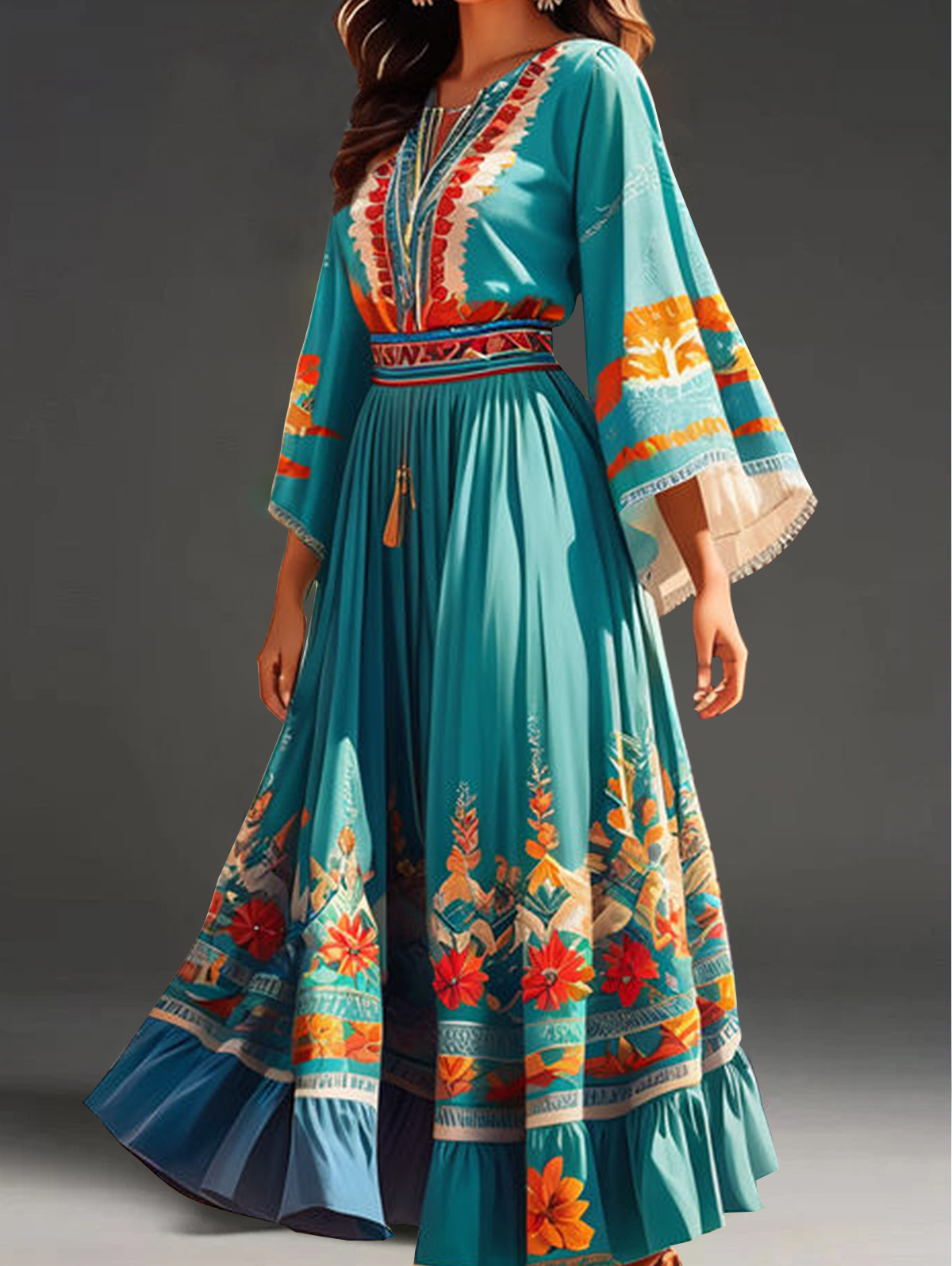 Ethnic Floral Pattern Flutter Sleeve Ruffle Hem Maxi Dress