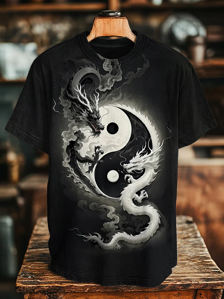 Men's Yin Yang Dragon Print Casual T-Shirt