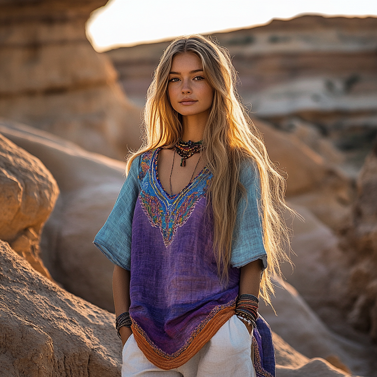 Vintage Bohemian Ethnic Floral Linen Art Print Short Sleeve V-neck Shirt