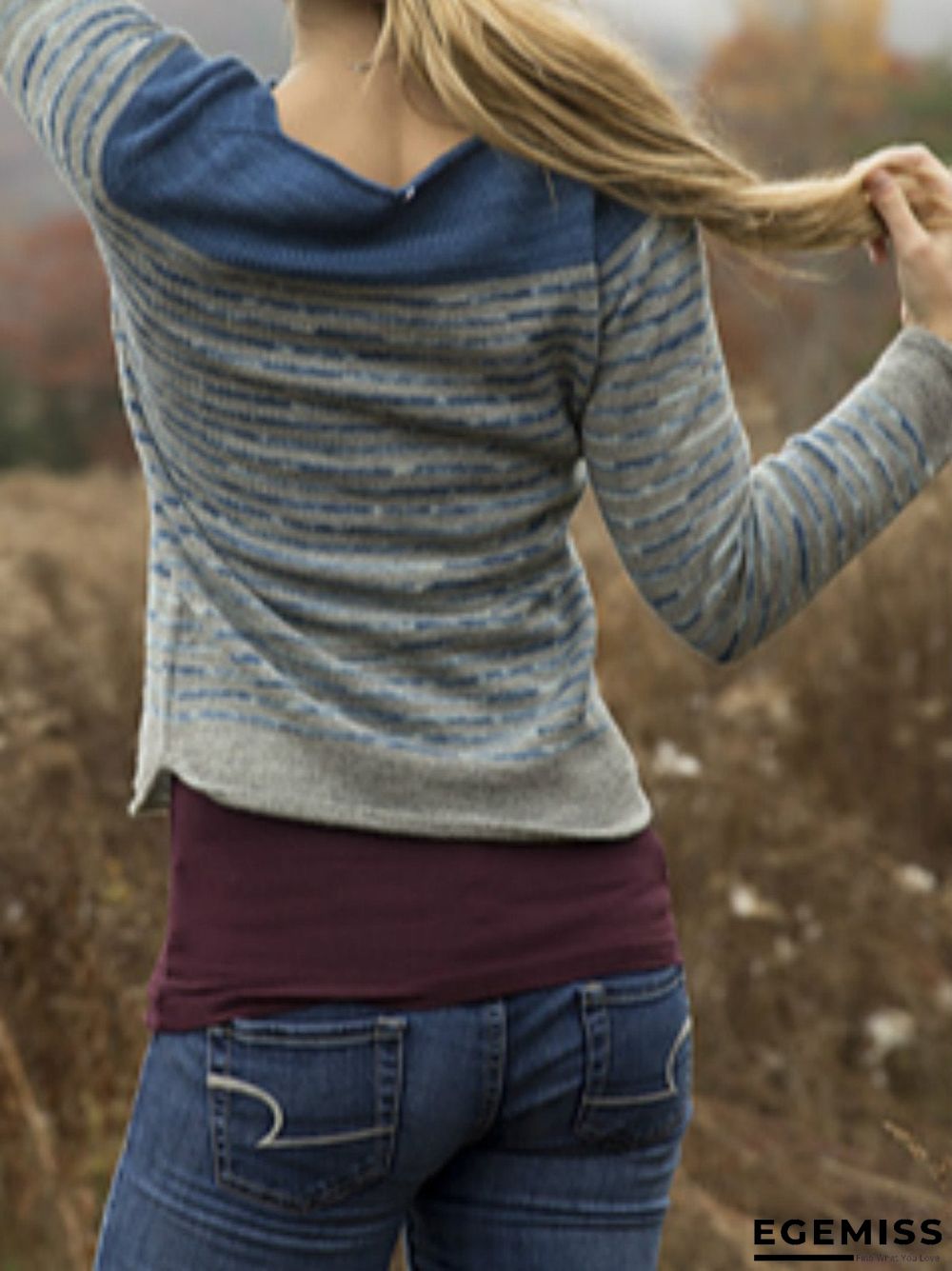 Blue Striped Round Neck Long Sleeve Shirts & Tops | EGEMISS