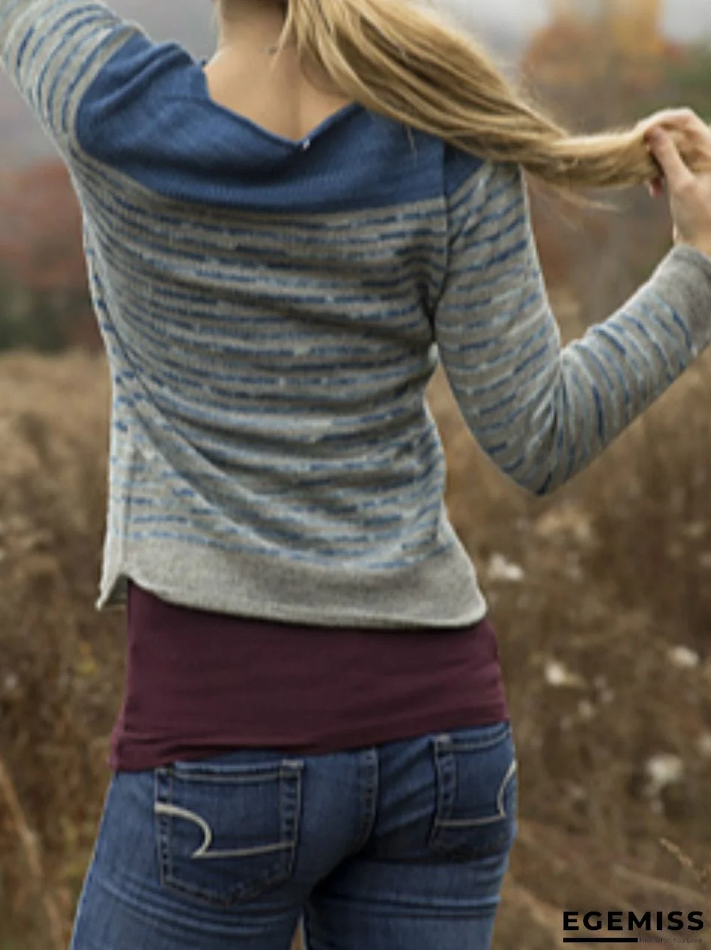 Blue Striped Round Neck Long Sleeve Shirts & Tops | EGEMISS