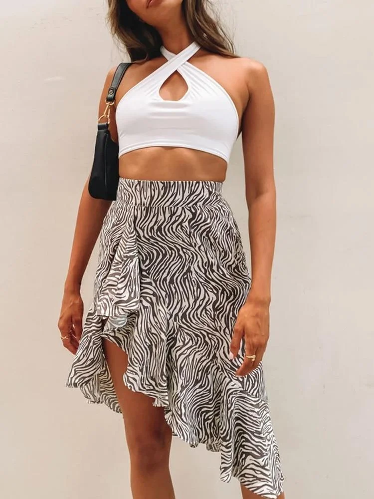 Summer New Leopard Irregular Ruffle Skirt Women Casual Knee-Length Skirt High Waist Female A Line Beach Short Skirt