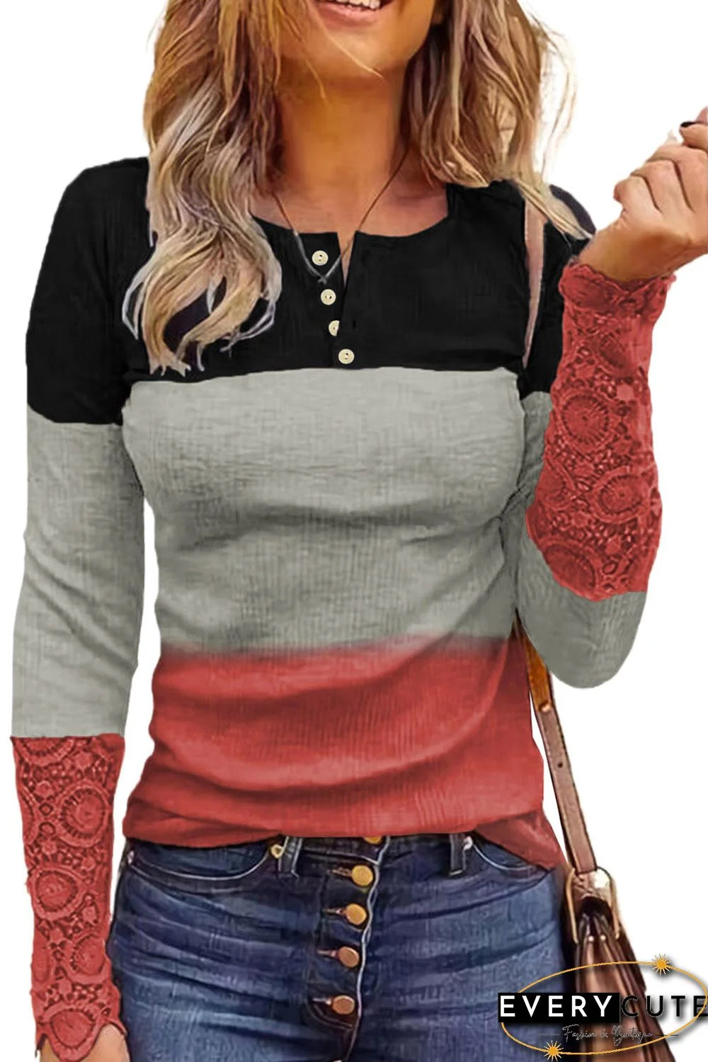 Red Ribbed Lace Splicing Color Block Long Sleeve Top