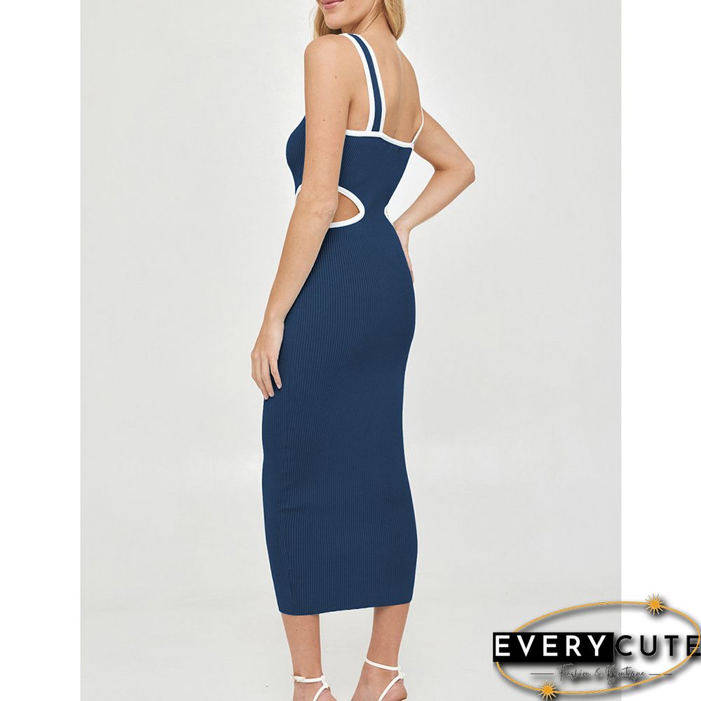Navy Blue Cut-out V Neck Ribbed Bodycon Dress