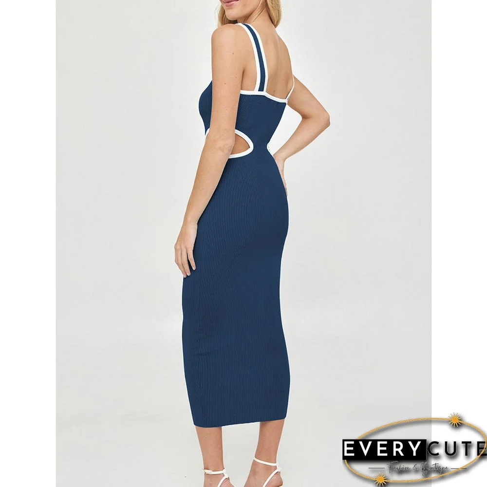 Navy Blue Cut-out V Neck Ribbed Bodycon Dress