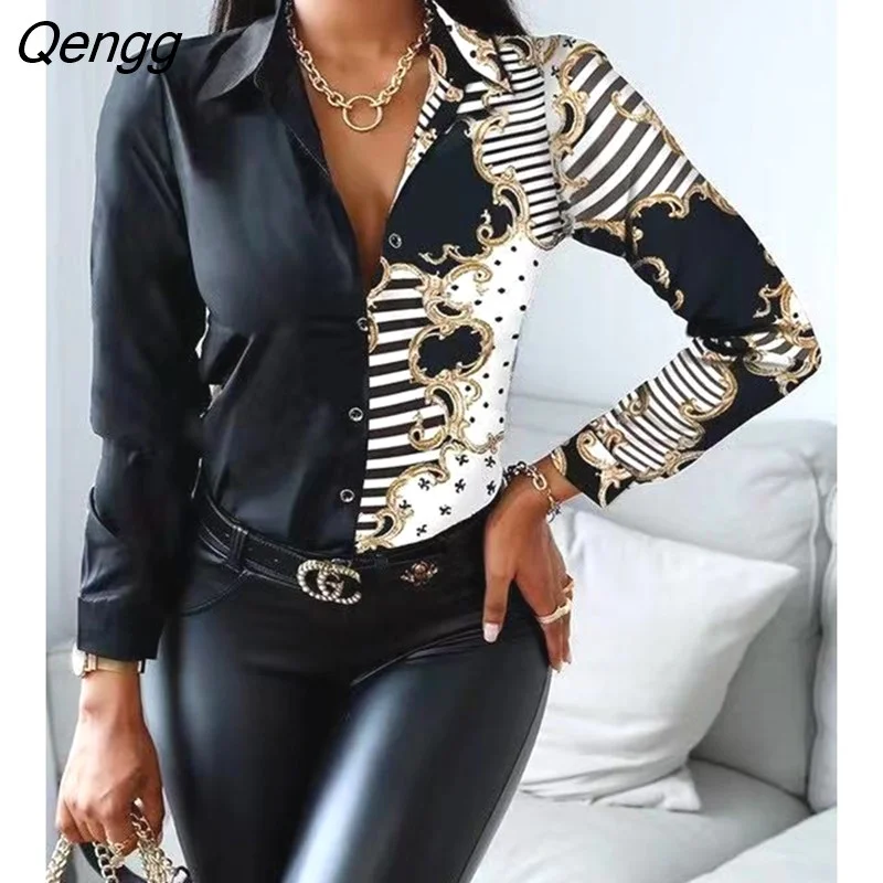 Qengg Long Sleeve Blouse Women Tops Office Lady Blouse Print Button Shirts For Women Blouses Casual Shirt Female Blusas 2023