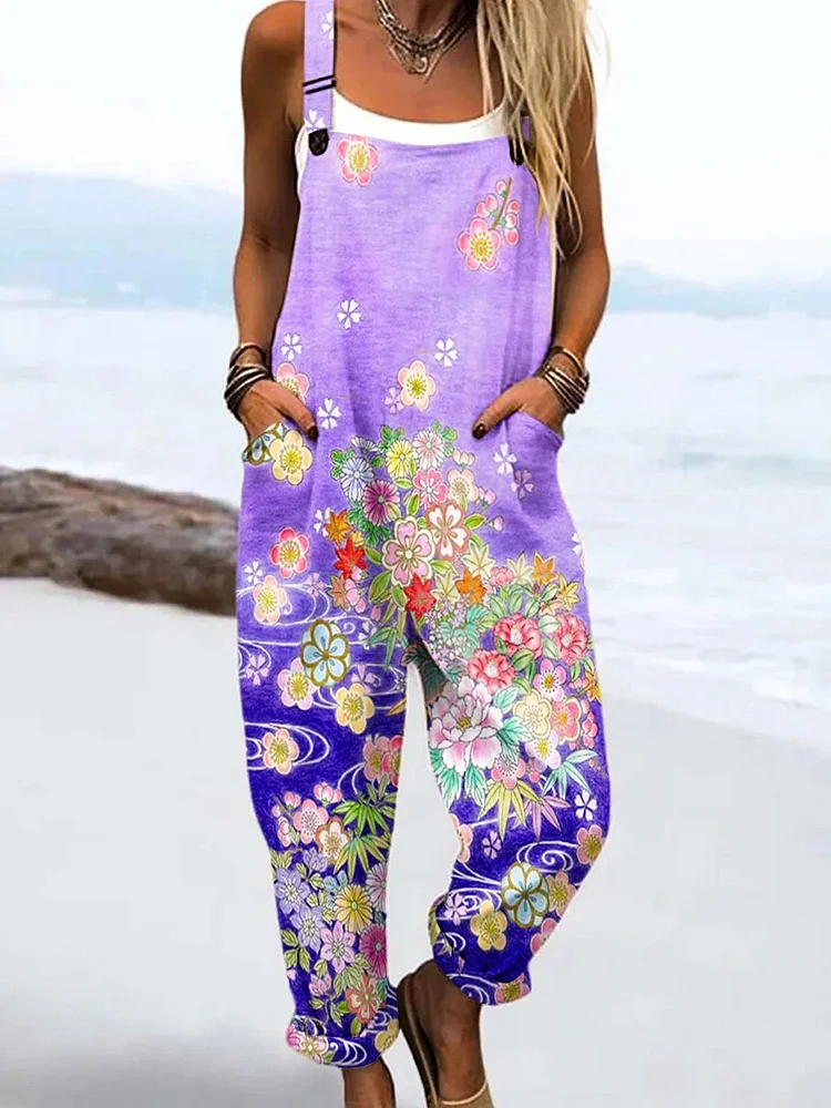Women's Vintage Flower Art Print Casual Cotton Wide Leg Jumpsuit