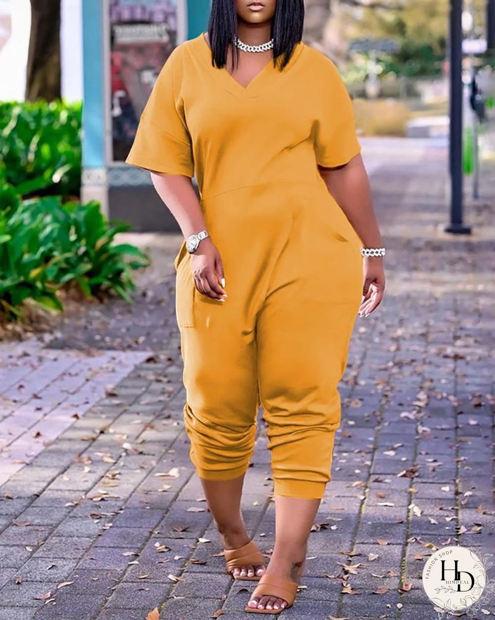 Pocket Design Plain Short Sleeve Jumpsuit