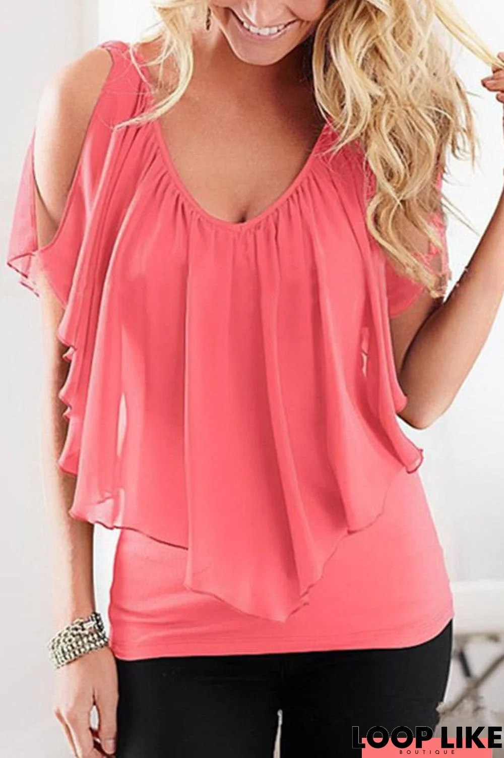 Plus Size Faux Two Pieces Solid Color Casual Chiffon Blouse