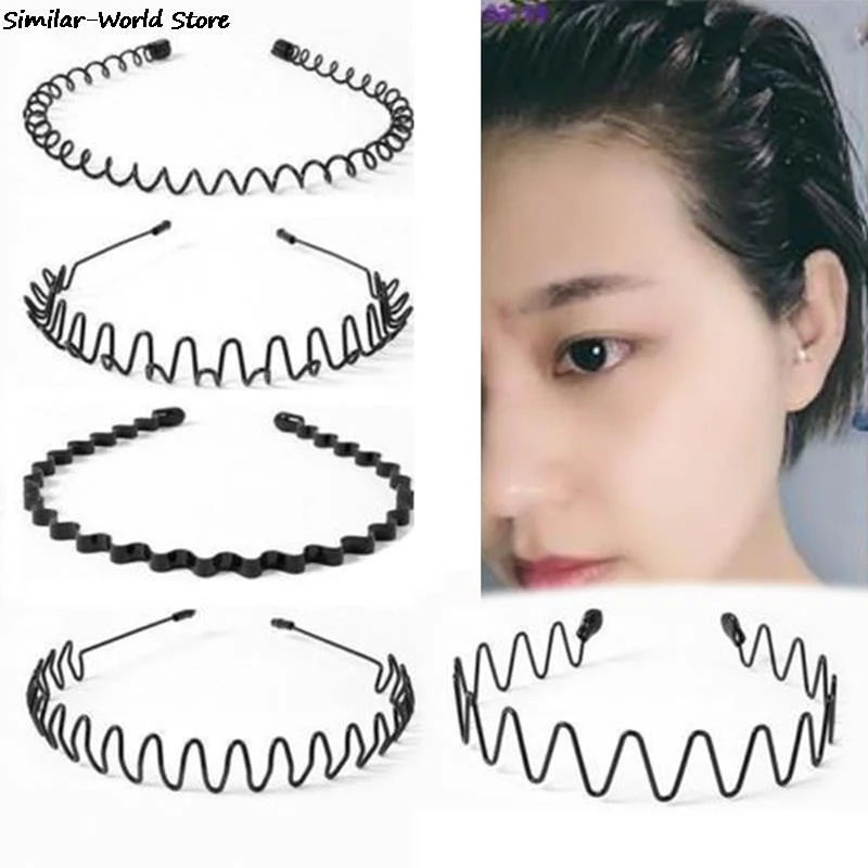 1/2PCS Boys Girls Black Metal Waved Style Holiday Sports Hairband Solid Men Women Unisex Hair Band Casual Adult Headwear New