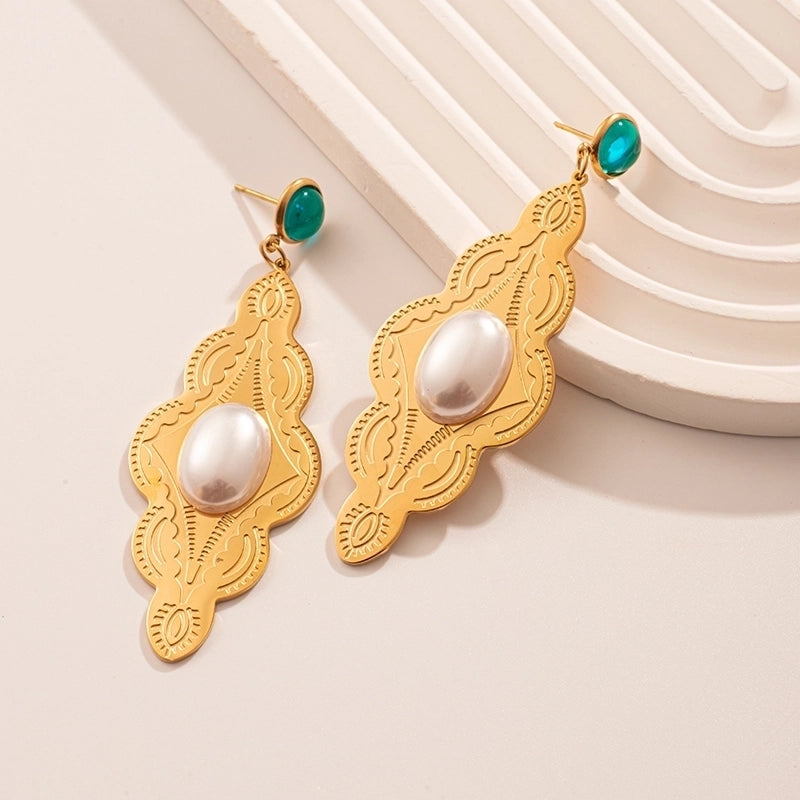 1 Pair Casual Minimalist Commute Leaves Inlay 304 Stainless Steel Pearl 14K Gold Plated Drop Earrings