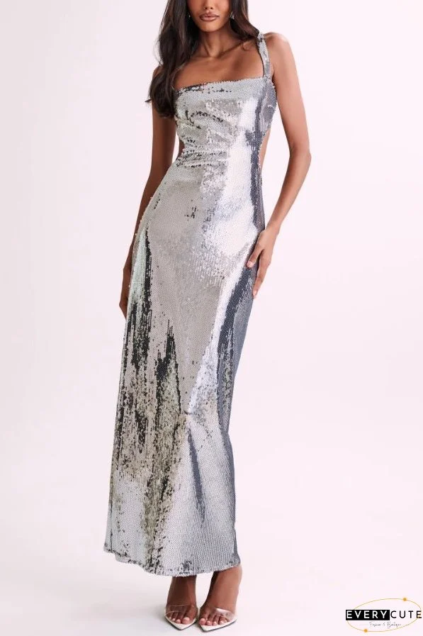 Slim Fit Square Neck Halter Backless Maxi Dress