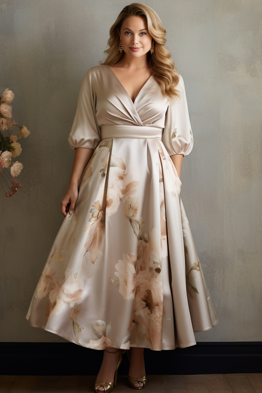 Flycurvy Plus Size Mother Of The Bride Apricot Satin Floral Print Puff Sleeve Pocket Wrap Maxi Dress