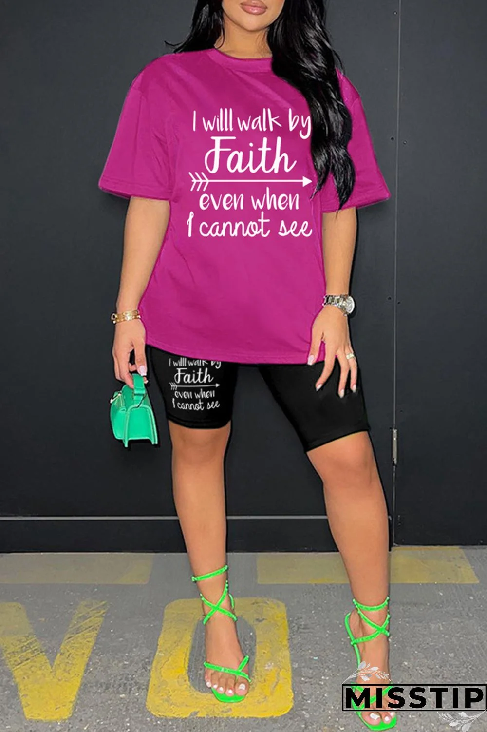 Rose Red Casual Letter Print Basic O Neck Short Sleeve Two Pieces