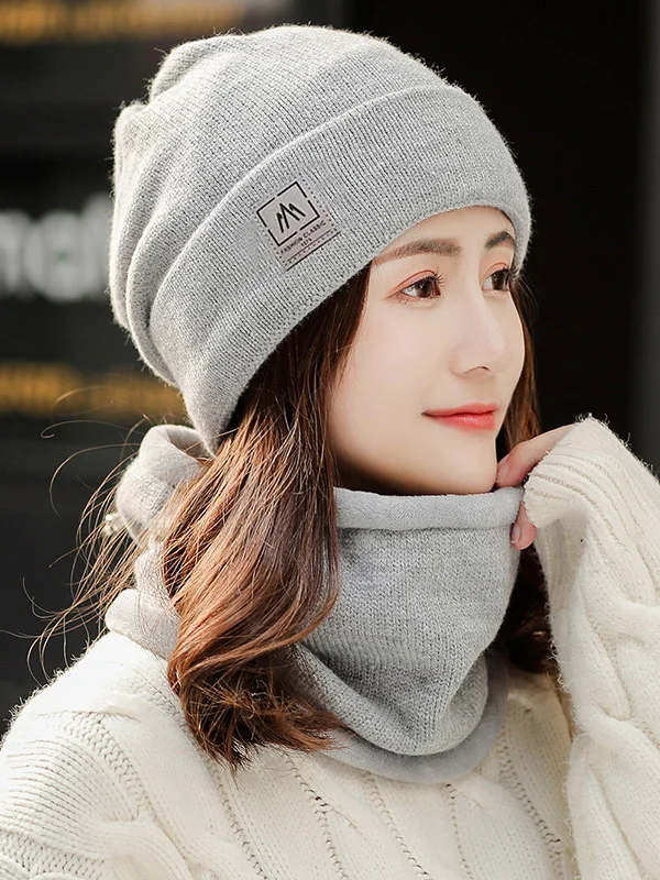 Casual Pure Color Keep Warm Knitted Scarf&Hat Two Pieces Set