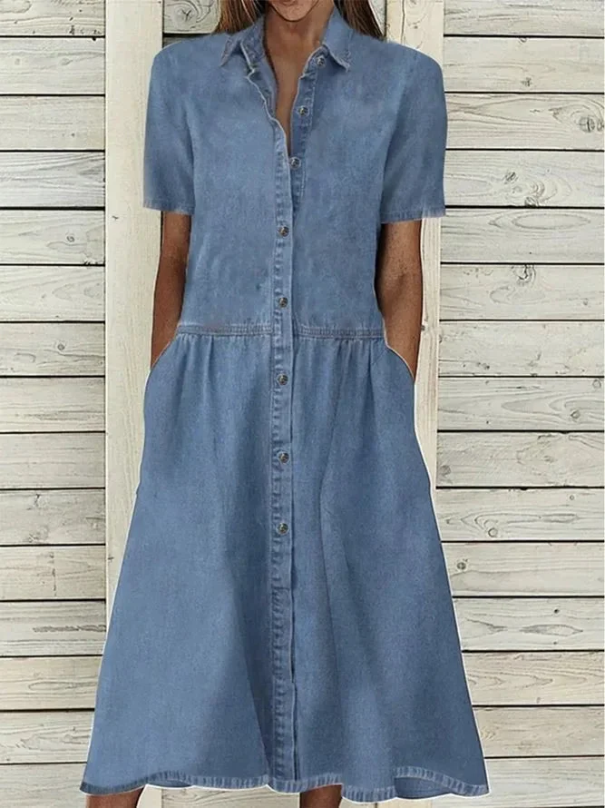 Oocharger Short Sleeve Shirt Dress Women Button Patchwork Blue Denim Loose Midi Dress Pockets Casual Pocket Long Dresses 2024