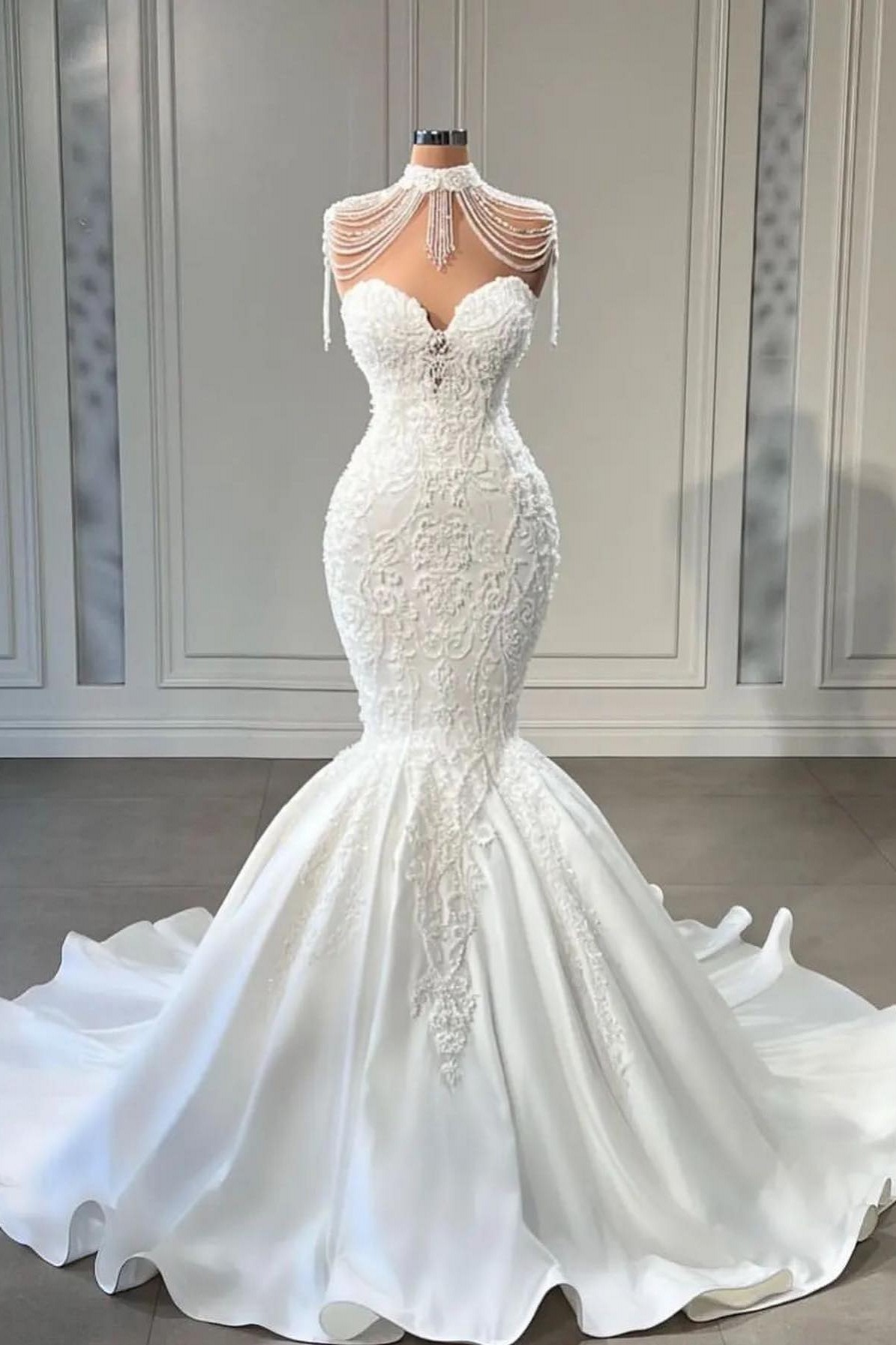 Elegant Mermaid Sweetheart Satin Pearl Long Wedding Dress With Lace | Risias