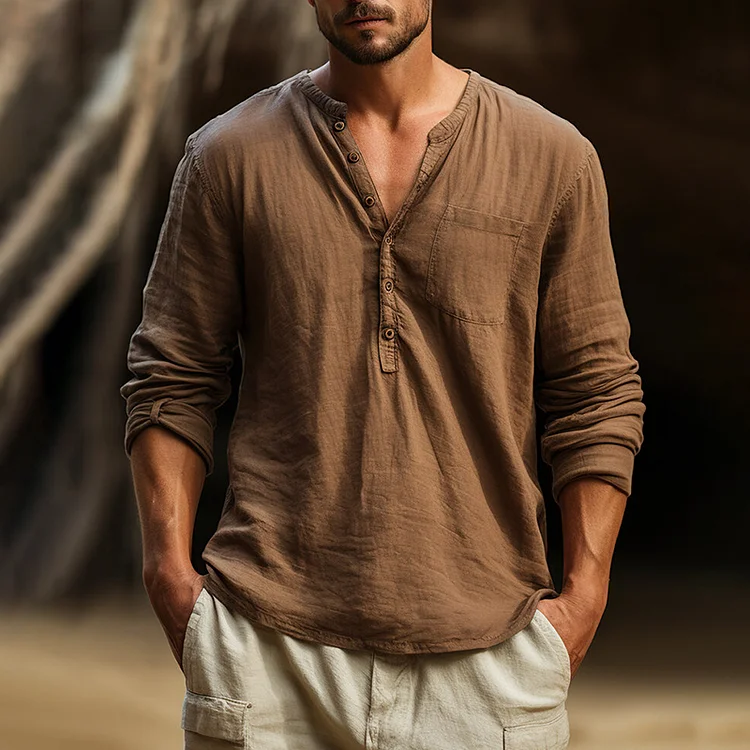 Retro Solid Half Button Casual Long Sleeve Henley Shirts