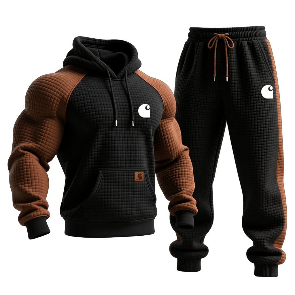 Men's Vintage Black Brown Waffle Quilted Plaid Pocket Hoodie And Sweatpants Jogger Set
