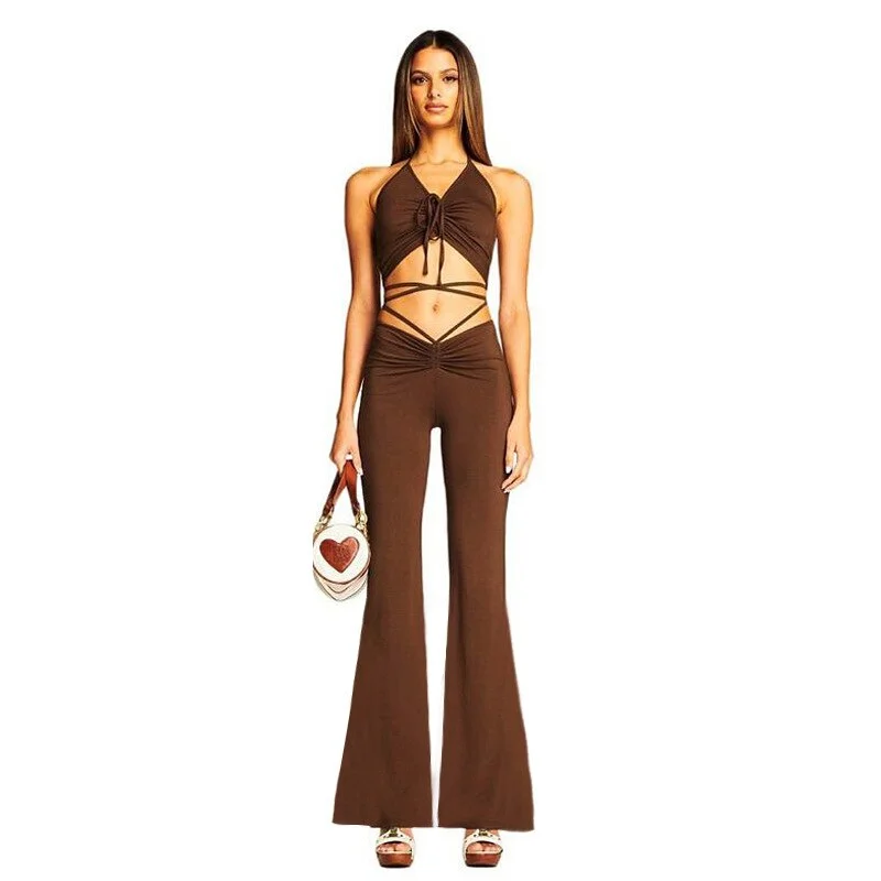Woherb BOOFEENAA Y2k Sexy Halter Crop Top and Low Waist Flare Pants Two Piece Set Women Summer Outfits Ladies Clothes 2021 C95-CZ28