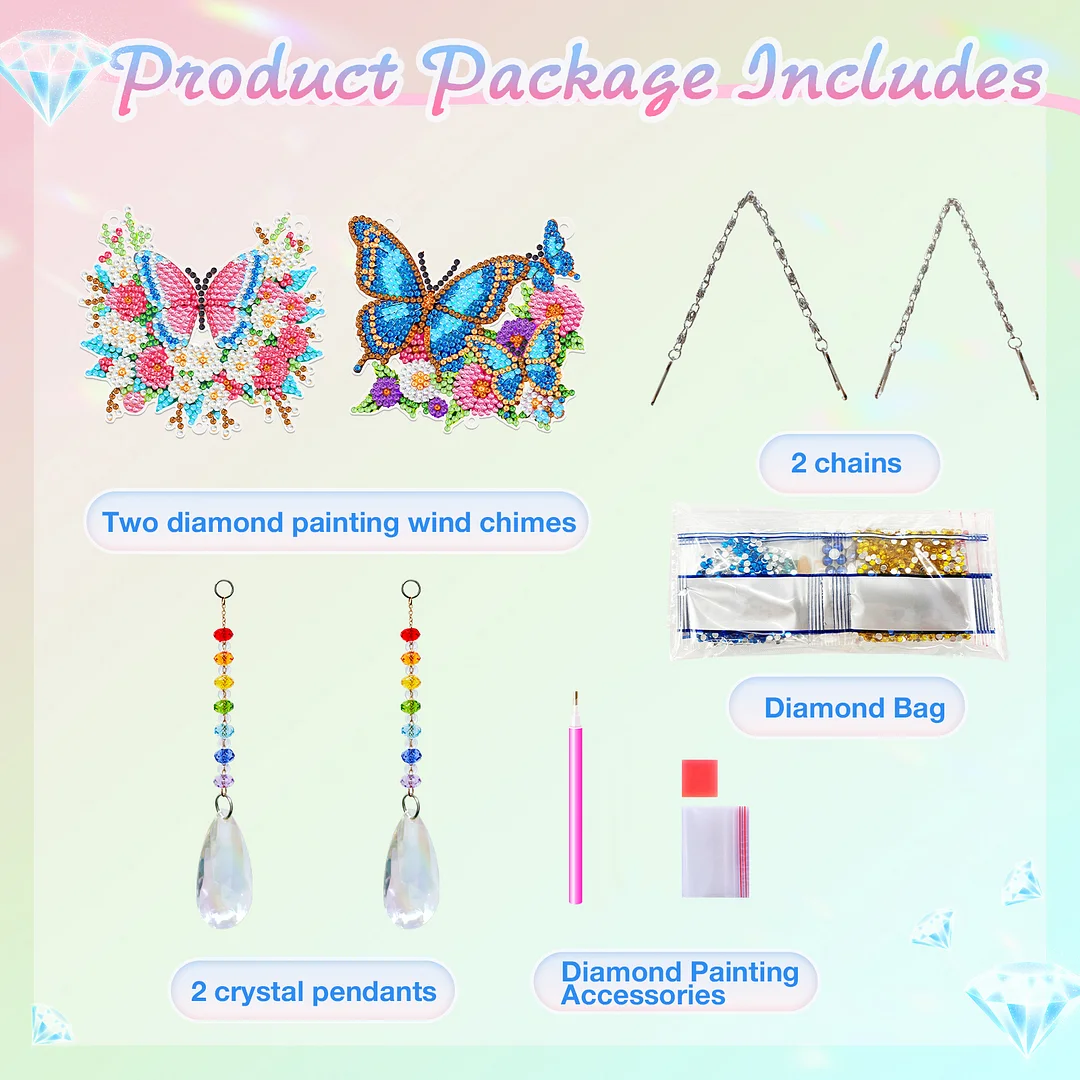 2Pcs Flowers and Butterflies DIY Acrylic Diamond Painting Art Wind Chimes with Crystal Pendant Diamond Art Hanging Pendant Double-Sided for Adults Beginners Gift Home Garden Decor