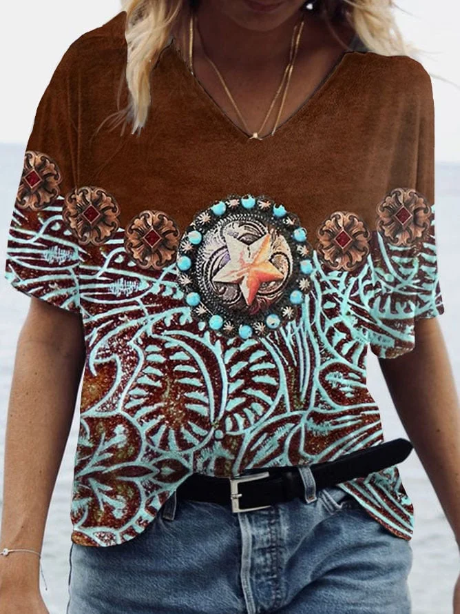 Women's Western Print V-Neck T-Shirt