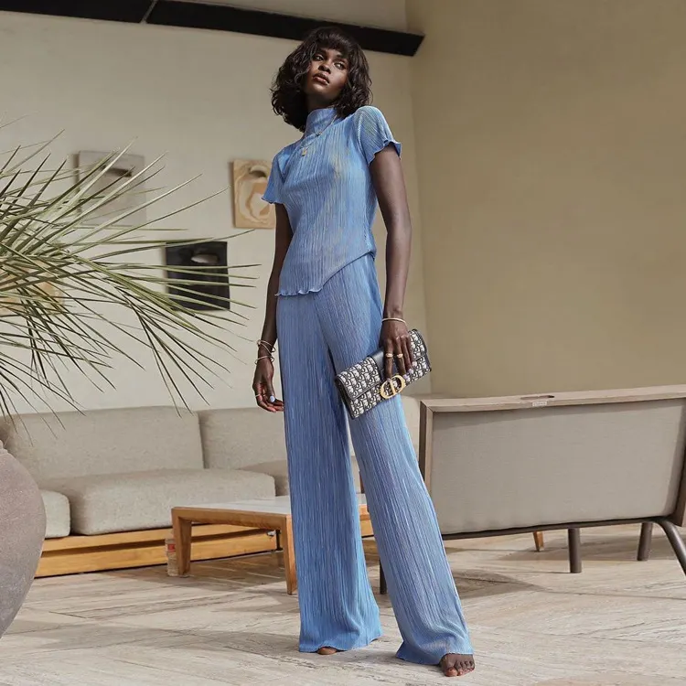 Churchf Churchf 2023 Summer New Thin T-Shirt High Waist Blue Pleated Floor Pants Casual Women's Fashion Suit