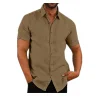 Men's solid color short-sleeved linen buttons shirt