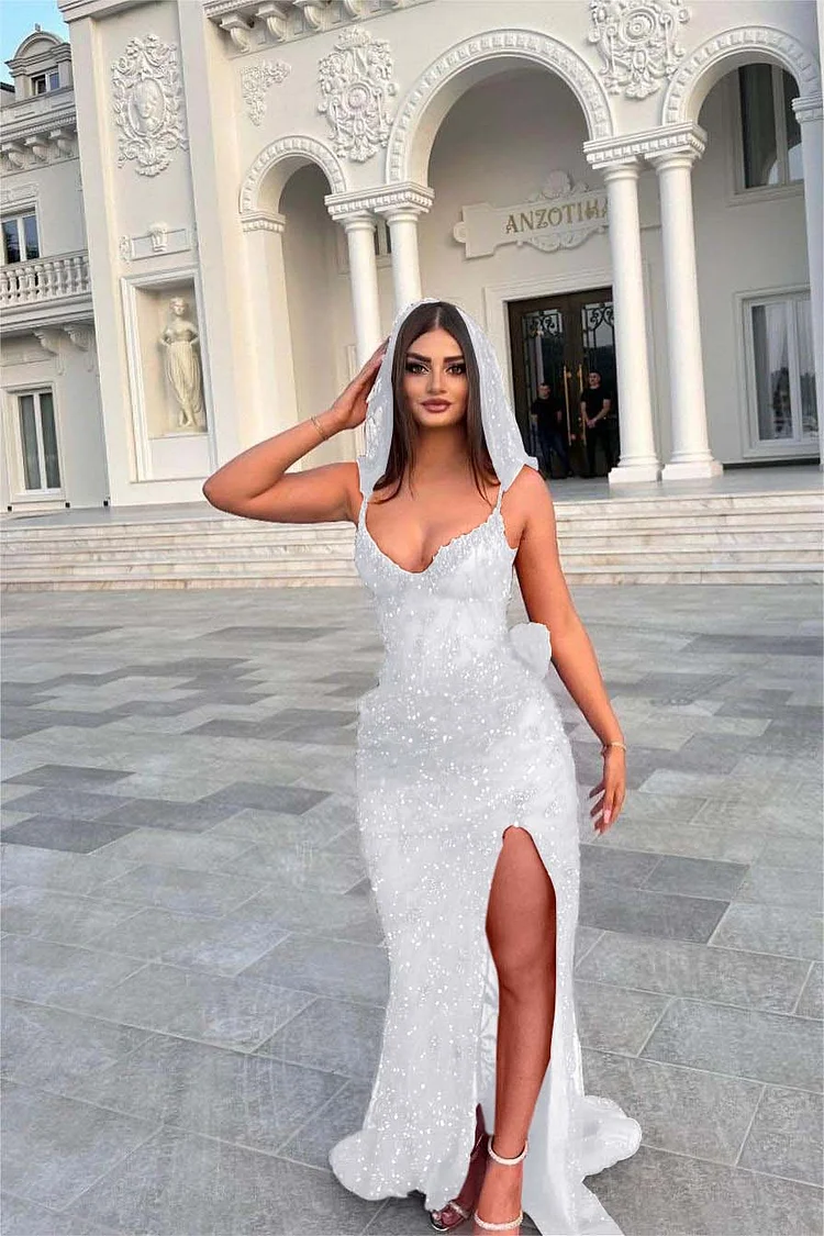 Hellodresses Stunning Red Sequins Spaghetti Strap Sleeveless Long Prom Dress With Split