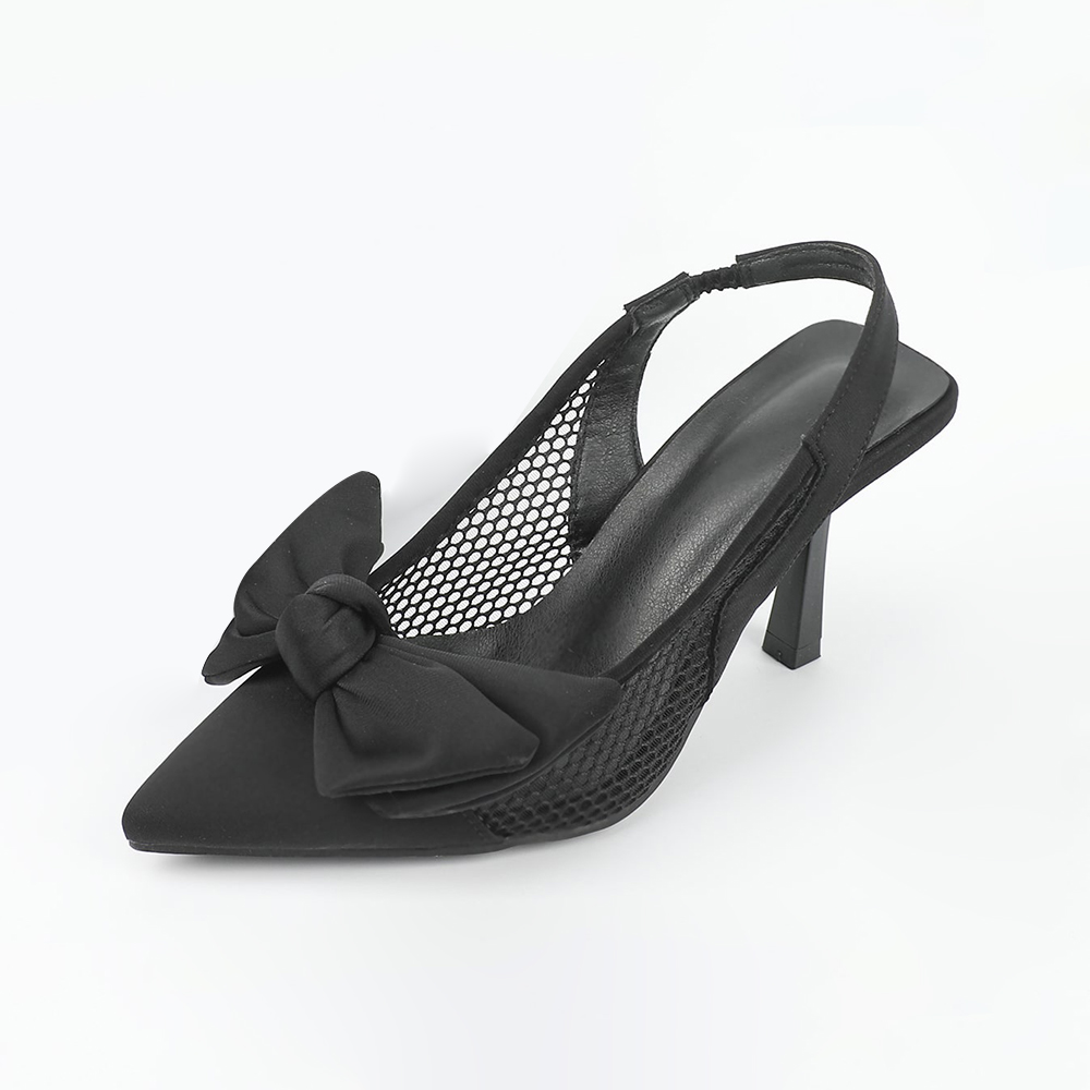 Black Satin Mesh Almond Toe Stiletto Heel Slingback Pumps Nicepairs