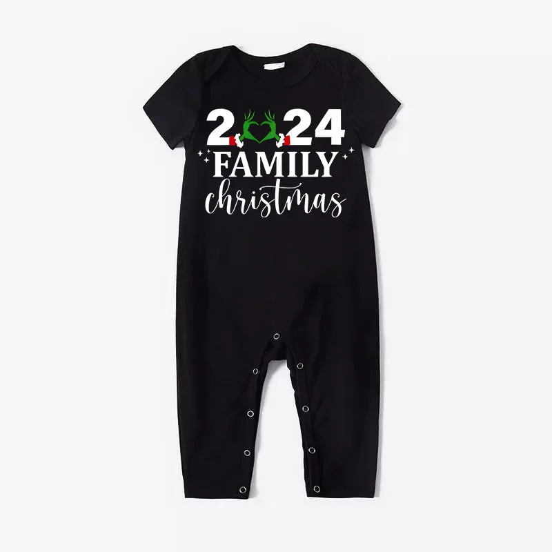 "2024 Family Christmas" Quirky Heart Letter Print Black Short Sleeve with Red & Black Plaid Pant Family Matching Pajamas