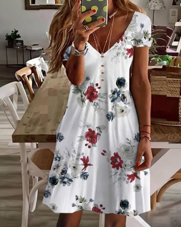 Vacation V Neck Short Sleeve Knit Dress